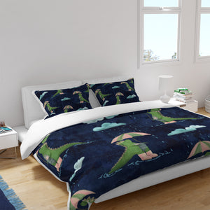 Rainy Day Dinosaur Comforter OR Duvet Cover Set Navy Blue