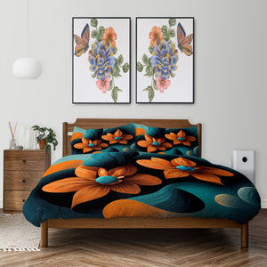 Orange and Teal Floral Abstract Bedding Comforter or Duvet Cover