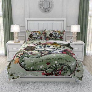 Sugar Skull Couple Bedding Comforter or Duvet Cover Sage Green