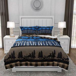 Plaid Woodland Comforter OR Duvet Cover Set Lodge Theme Blue and Brown