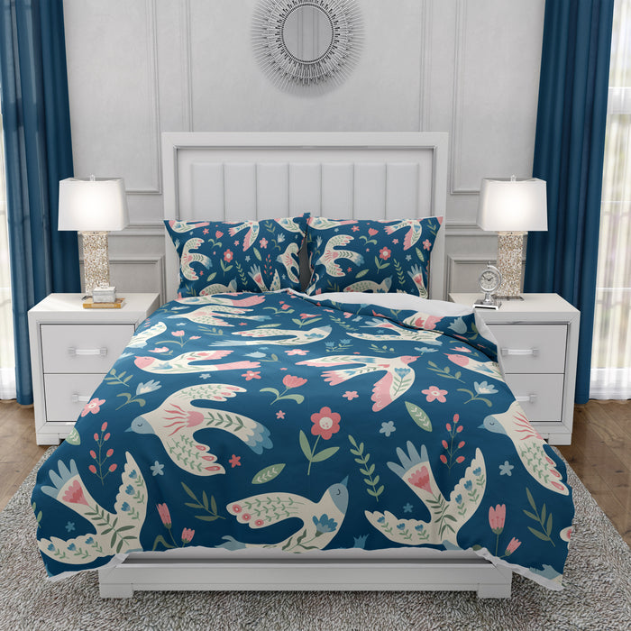 Blue Bird Floral Comforter OR Duvet Cover Folk Art Doves