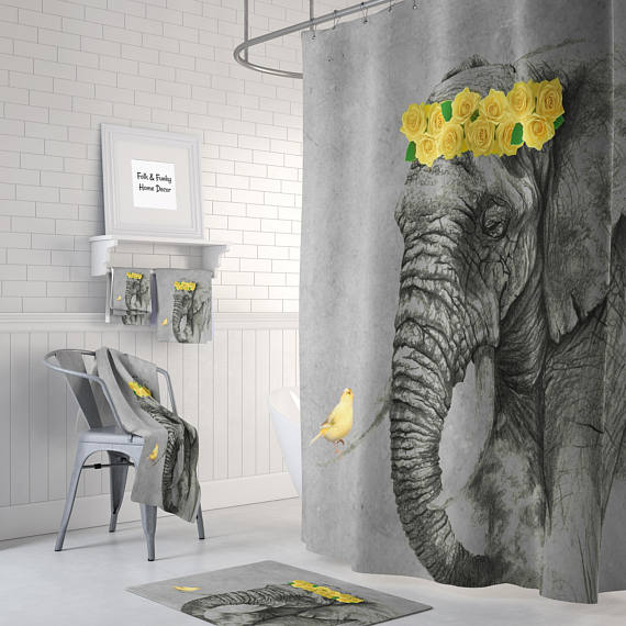 Yellow Bird Yellow Roses Elephant Shower Curtain