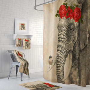 Elephant and Bird Grunge Shower Curtain by Folk N Funky