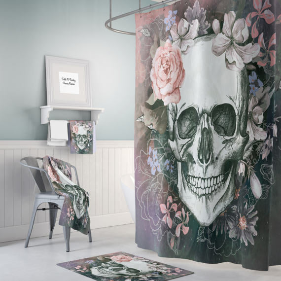 Gray Floral Gothic Skull Shower Curtain