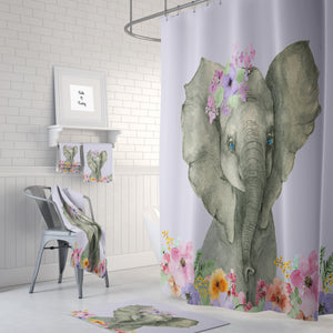 The Lavender Floral Elephant Shower Curtain, Bath and Hand Towels