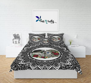 Black and White Forevermore Kissing Sugar Skull Comforter or Duvet Cover Bedroom Set