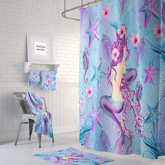 Pink Teal and Purple Mermaid Watercolor Shower Curtain