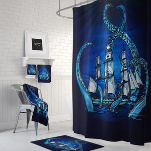 The Blue Kraken Octopus and Ship Shower Curtain