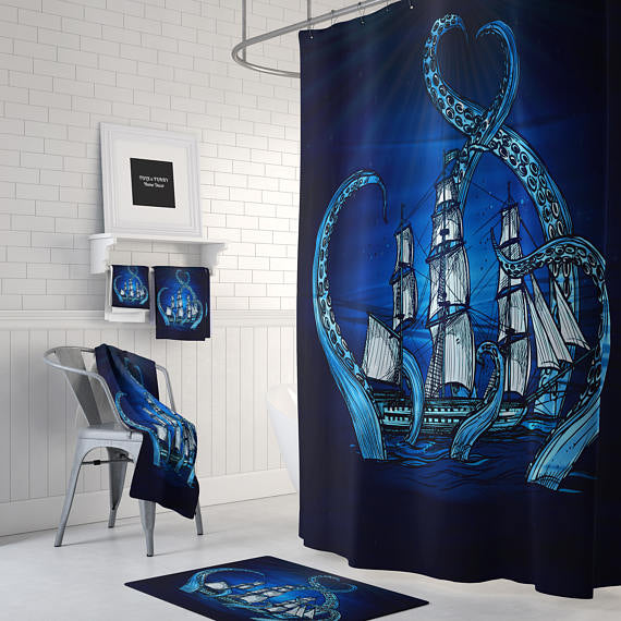 Blue Kraken Octopus and Shower Curtain