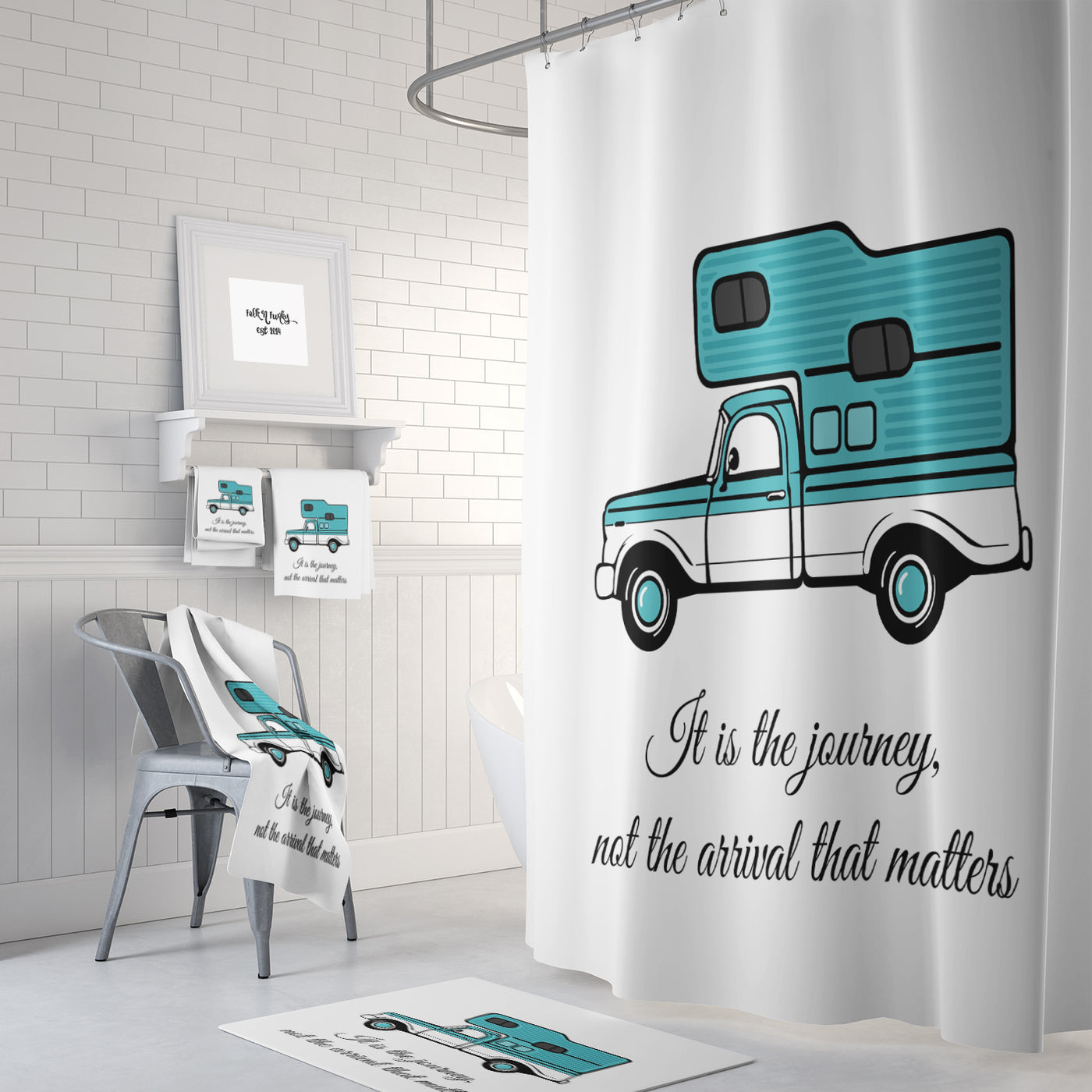 Retro Pick Up Truck With Camper Shower Curtain Journey Quote Folk N Funky