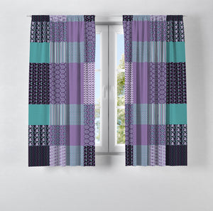 Purple Faux Patchwork Window Curtains, Boho Chic Window Treatments