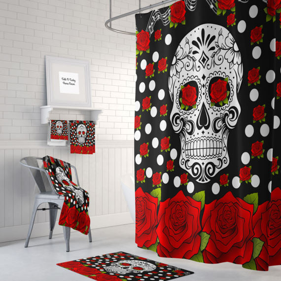 Red Roses Sugar Skull Shower Curtain