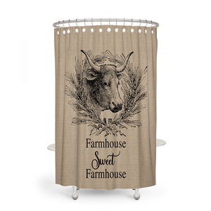 Farmhouse Cow Shower Curtain Faux Burlap
