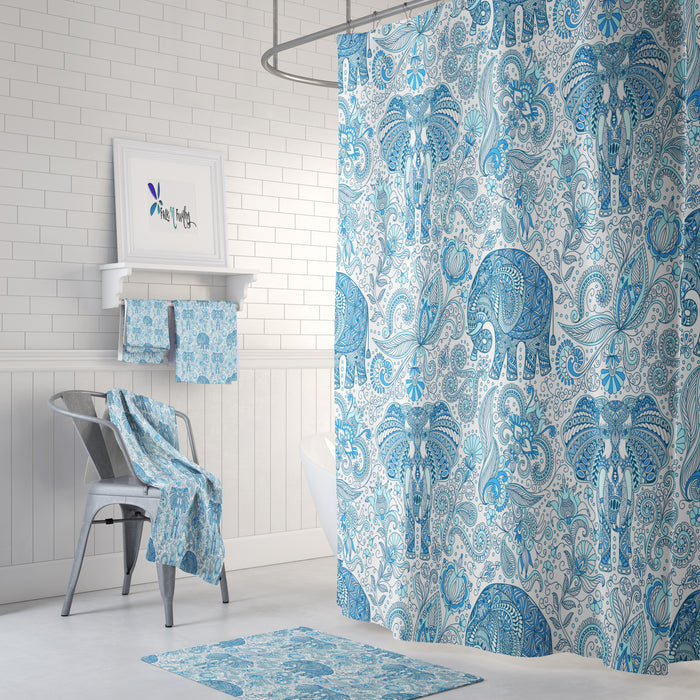 Blue Paisley Elephant Shower Curtain , BohoDecor, Add Bath Mat and Towels For a Bathroom Set