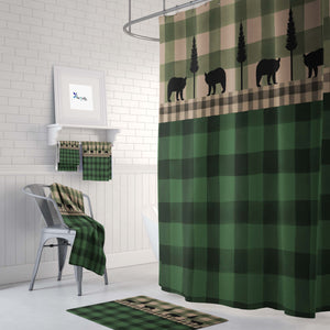 Rustic Plaid Bear Shower Curtain Optional Bathroom Set, Green Buffalo Plaid