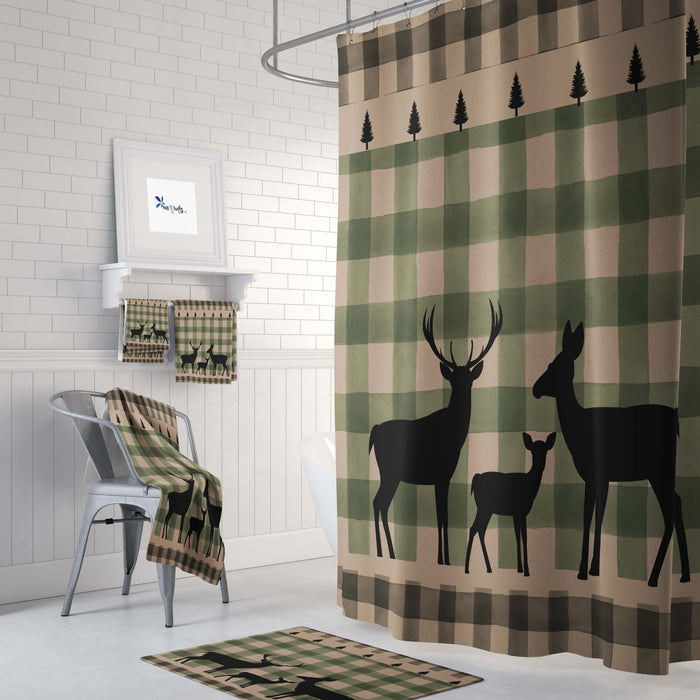 Rustic Green Plaid Shower Curtain Deer Bathroom Decor