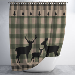 Rustic Green Plaid Shower Curtain Deer Bathroom Decor