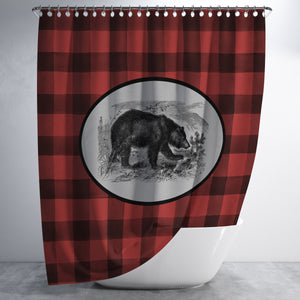 Rustic Plaid Bear Shower Curtain Optional Bathroom Set, Red Buffalo Plaid