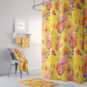 Yellow Floral Shower Curtain and Bath Mat Towel Options