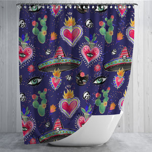 Purple Mexicana Hearts Shower Curtain Bathroom Decor Day of The Dead
