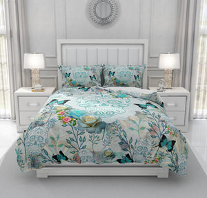Teal Turquoise Butterfly and Roses Sugar Skull Bedding