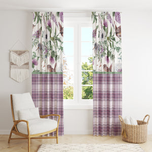  Mauve Floral and Plaid Shabby Cottage Window Curtains