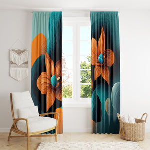 Orange and Teal Floral Abstract Window Curtains