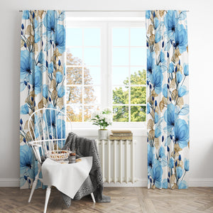 Blue Wispy Floral Window Curtains Custom Sizes Available