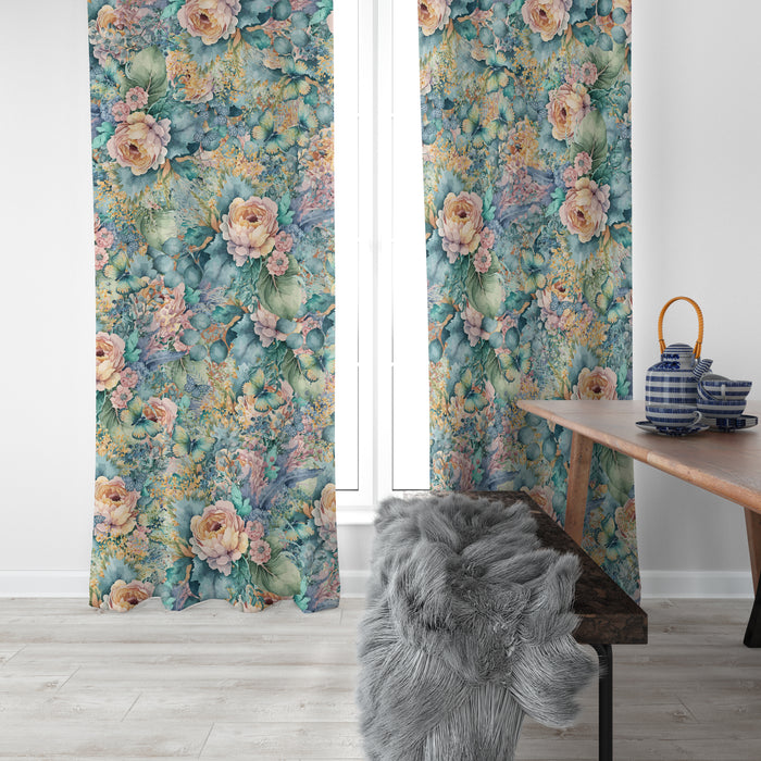 Green Chintz Floral Window Curtains Custom Sizes Available
