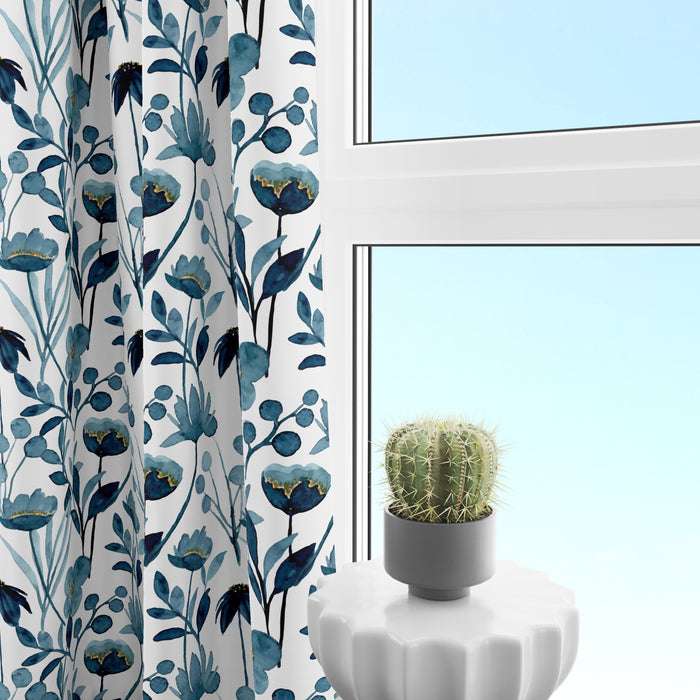 Window Curtains Botanical Wildflower Teal Blue