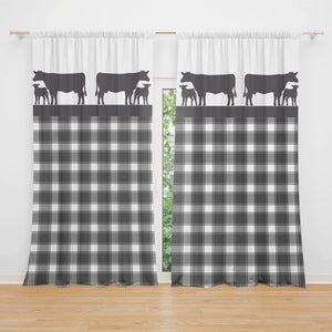 Farmhouse Window Curtains Gray Plaid with Cows