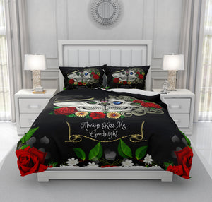 Skull Bedding, Sugar Skulls Duvet Cover Comforter Set, Black Red Rose Floral "Always Kiss Me Goodnight" Day Of The Dead Decor