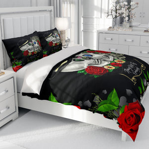 Skull Bedding, Sugar Skulls Duvet Cover Comforter Set, Black Red Rose Floral "Always Kiss Me Goodnight" Day Of The Dead Decor