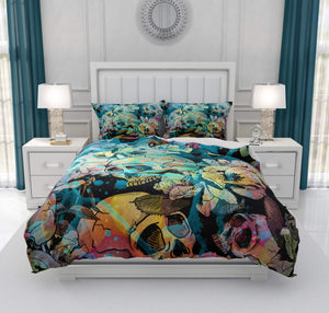 Calavera Gothic Floral Abstract Teal And Yellow Gothic Skull Bedding
