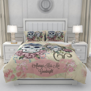 Pink Floral Always Kiss Me Goodnight Forevermore Skulls Bedding