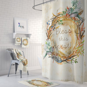 Bless This Nest Birds Farmhouse Shower Curtain Optional Towels and Mat