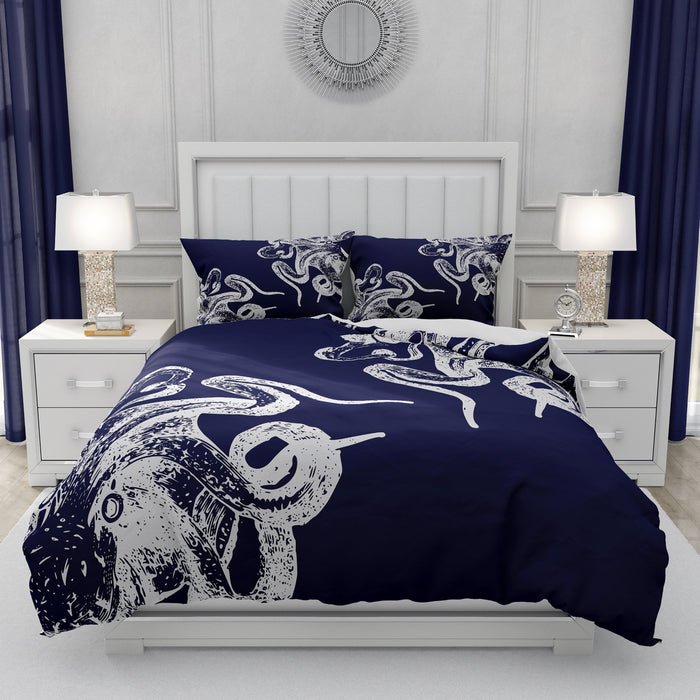 Navy Blue and White Octopus Bedding