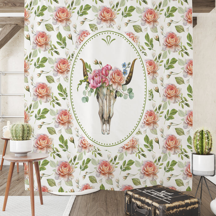 Boho Floral Shower Curtain Bull Skull