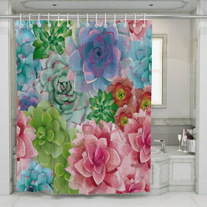 Succulent Shower Curtain, Cactus Floral Bathroom Decor
