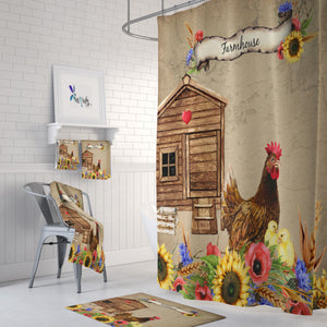 Farmhouse Chicken Shower Curtain Optional Towels and Mat