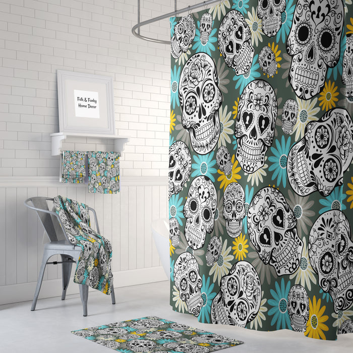 Teal and Yellow Sugar Skull Shower Curtain
