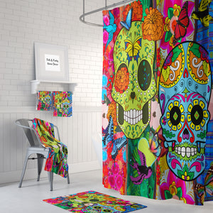 The Color Crazy Happy Sugar Skull Shower Curtain and bath towels