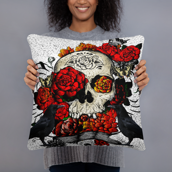 Skull Throw Pillow, Classic Roses and Crows