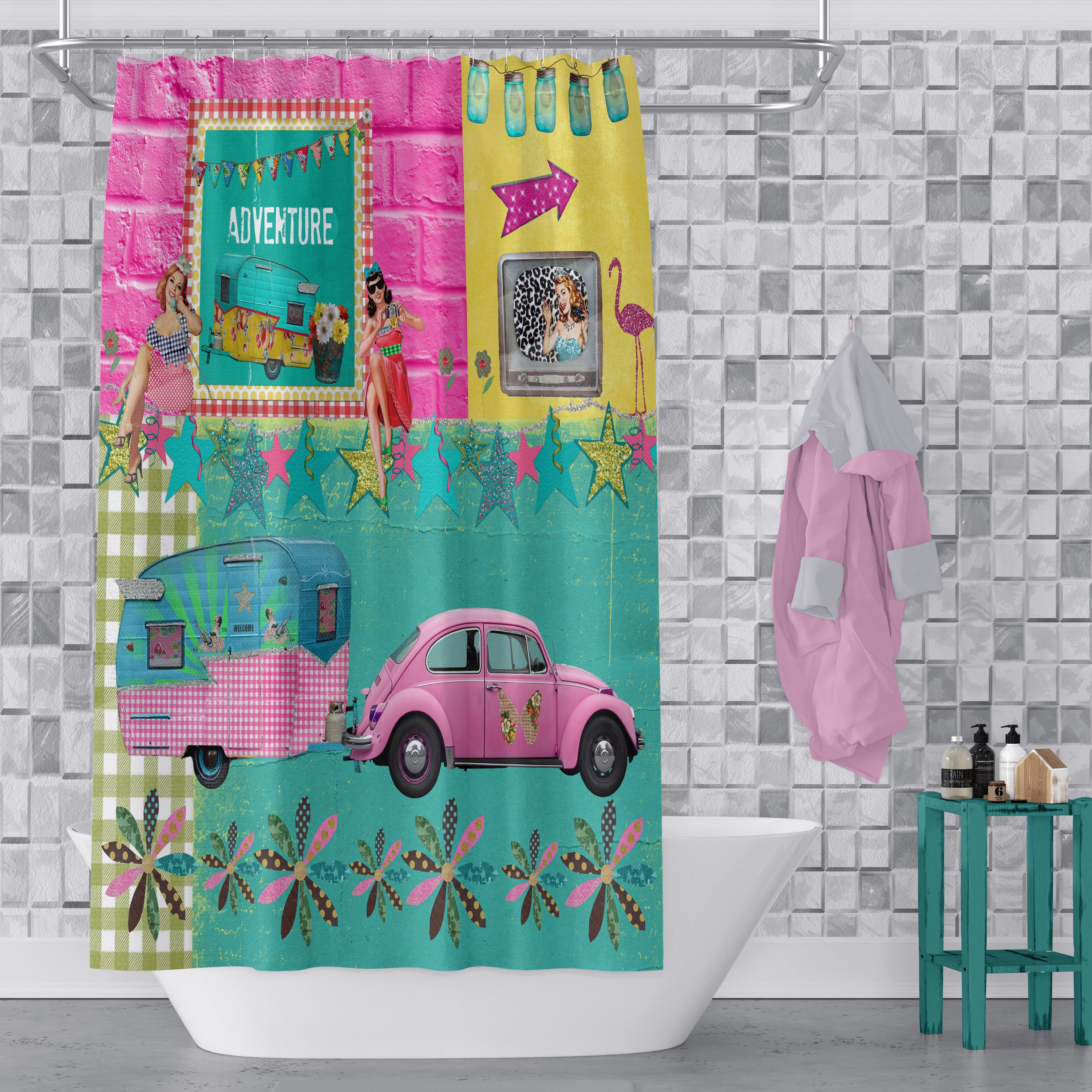 Retro Shower Curtain Vintage Camper Bathroom Decor Folk N Funky