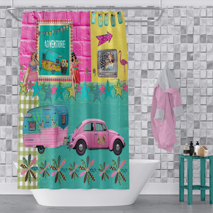 Retro Shower Curtain,Vintage Camper Bathroom Decor