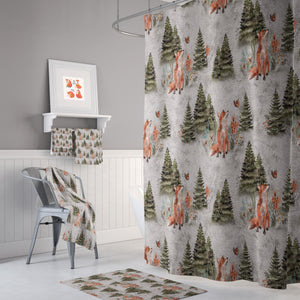 Woodland Fox Shower Curtain, Optional Towels and Math Mat Rustic Lodge Decor