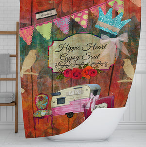 Hippie Heart, gypsy Soul, Shower Curtain, Retro Collage, Optional Bath Towels, Bath Mat
