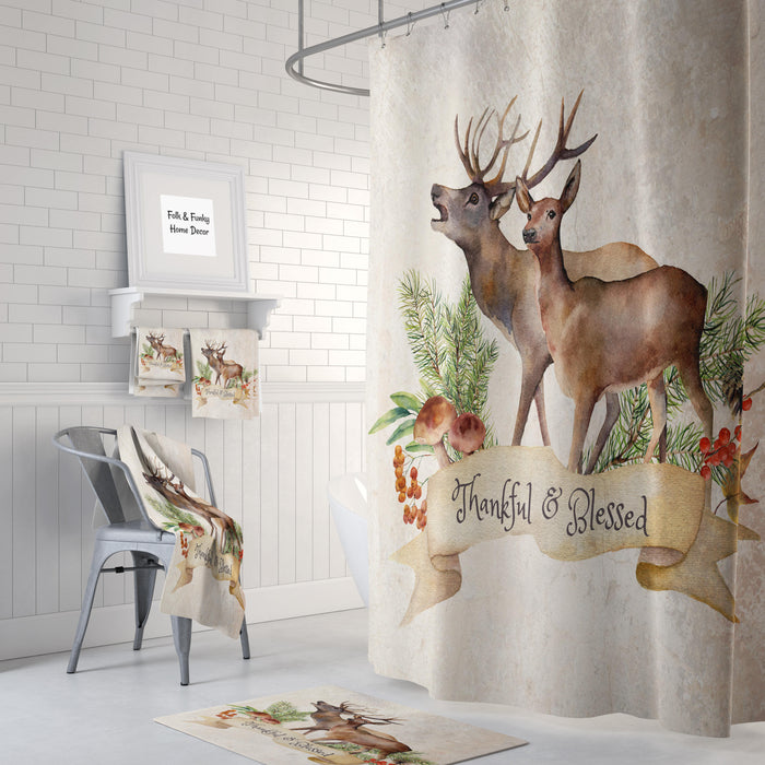 Thankful and Blessed Woodland Deer Shower Curtain