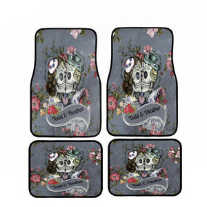 Personalized Monogram Gray Floral Forevermore Kissing Skulls Vehicle Floor Mats