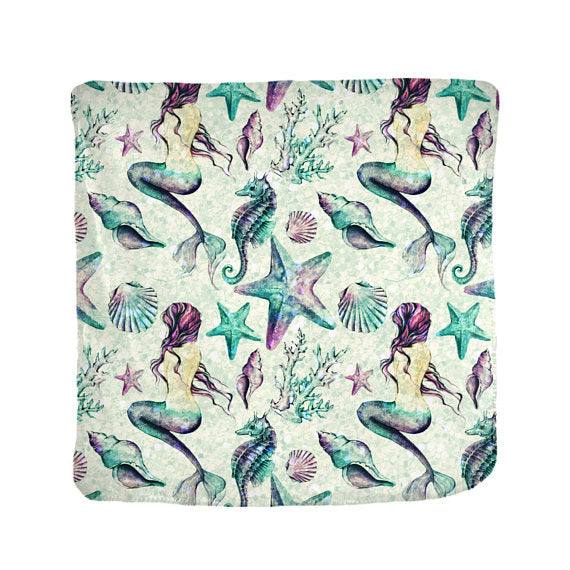 Mermaid and Starfish Green Watercolor Home Accent Velveteen Blanket